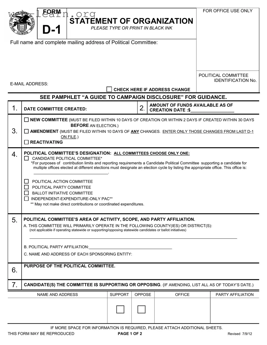 Blank D 1 Statement Organization Illinois Form