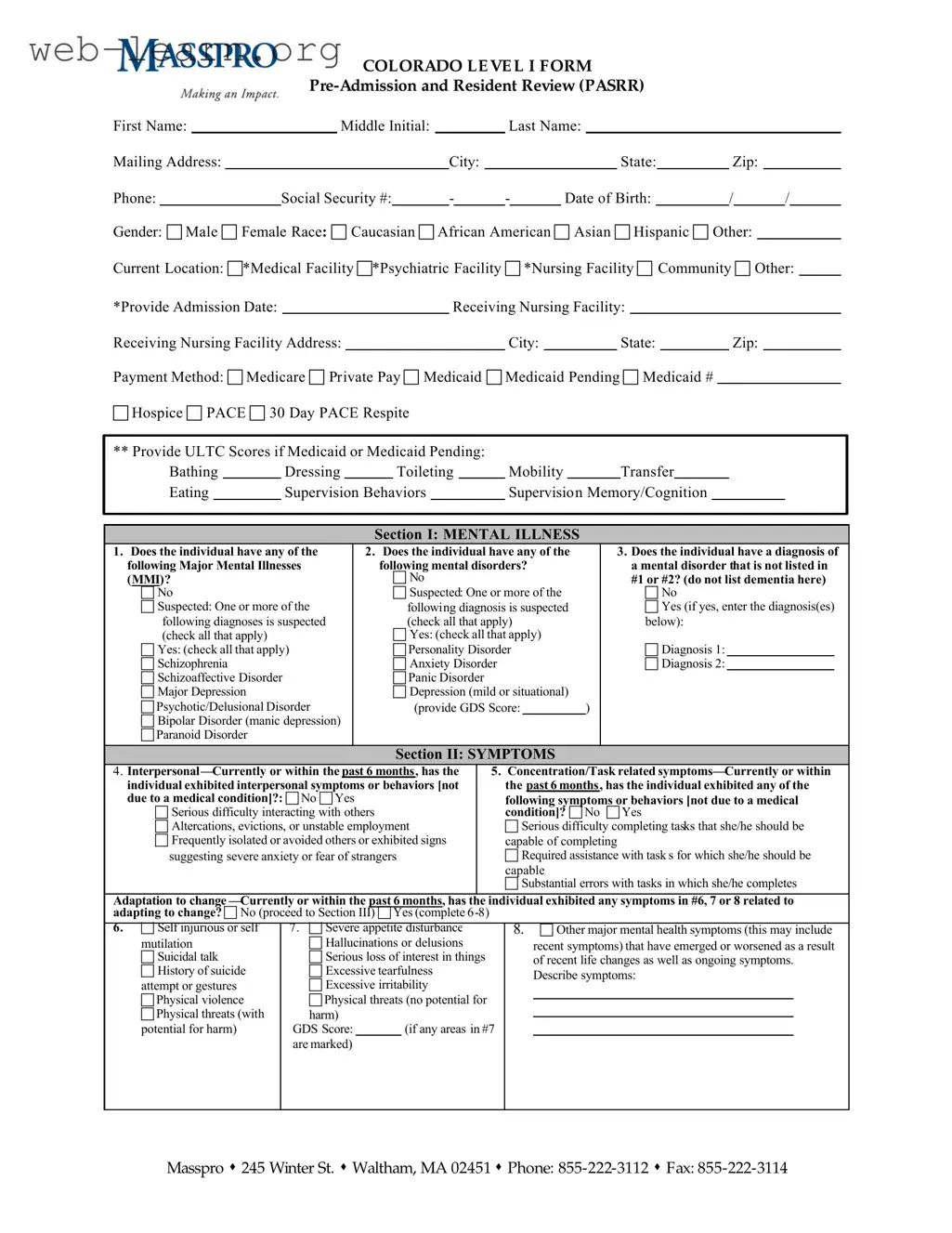 Blank Colorado Post Admission Level 1 Passr Form