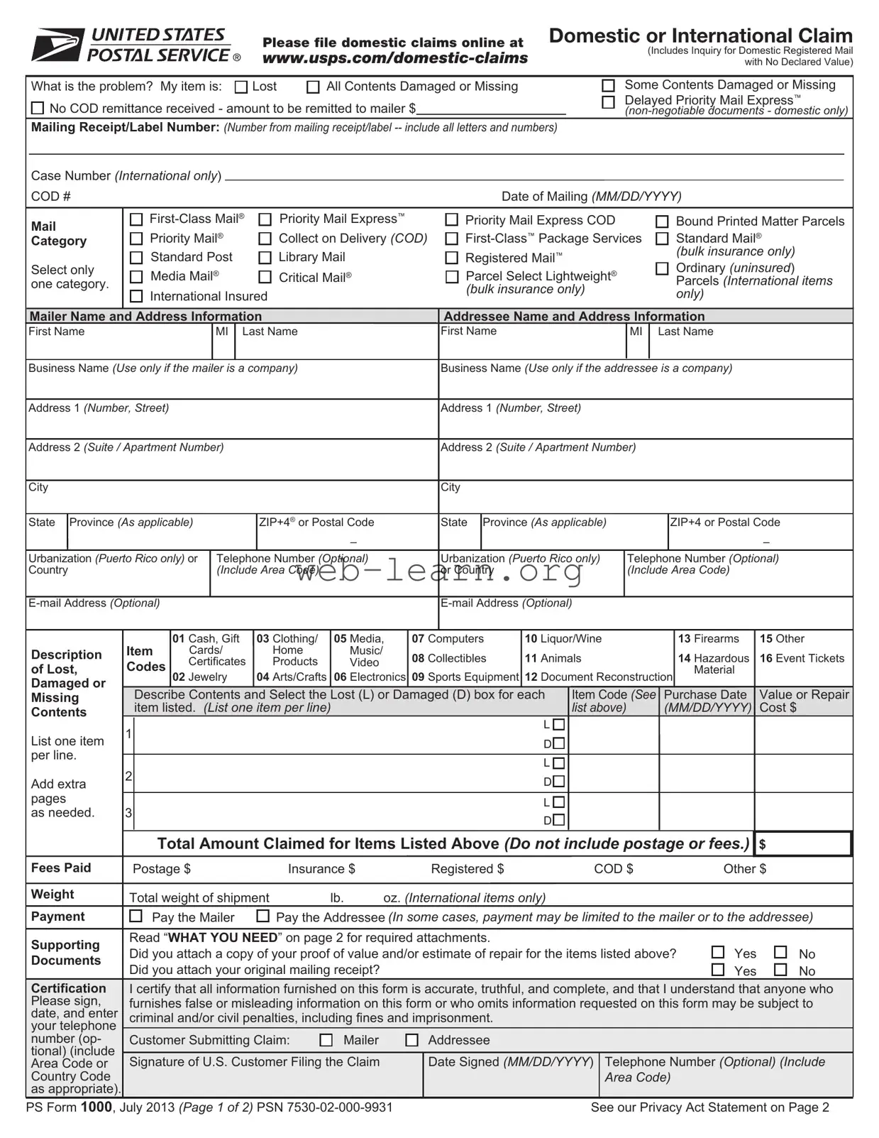 Blank Usps Domestic Claim Form