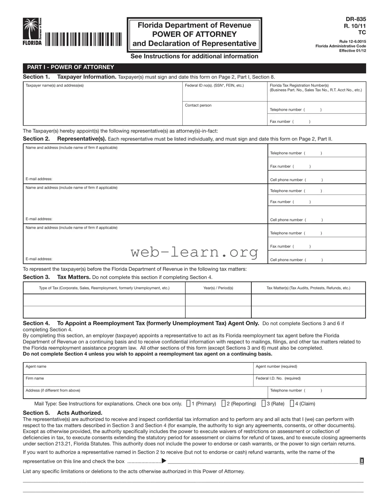 Blank Tax POA dr 835 Form