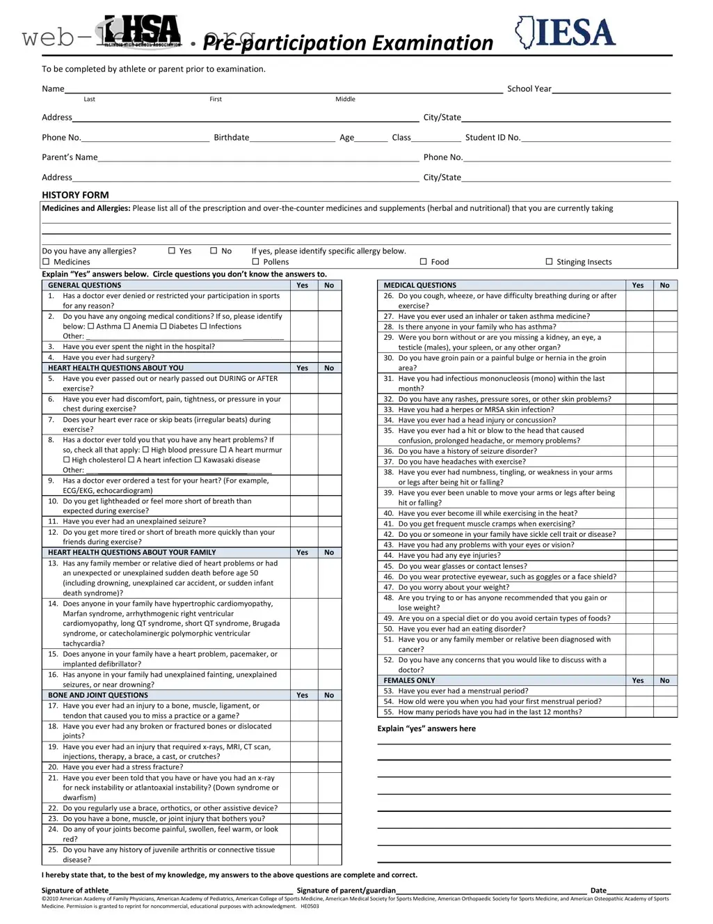Blank Illinois Pre Participation Physical Form
