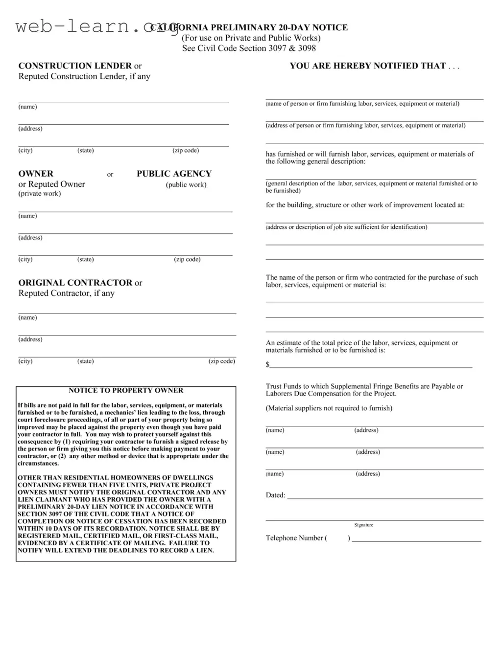 Blank California Preliminary 20 Day Notice Form