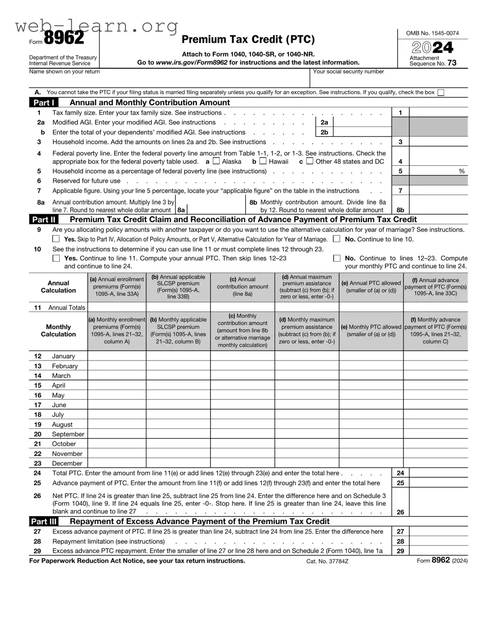 Blank IRS 8962 Form