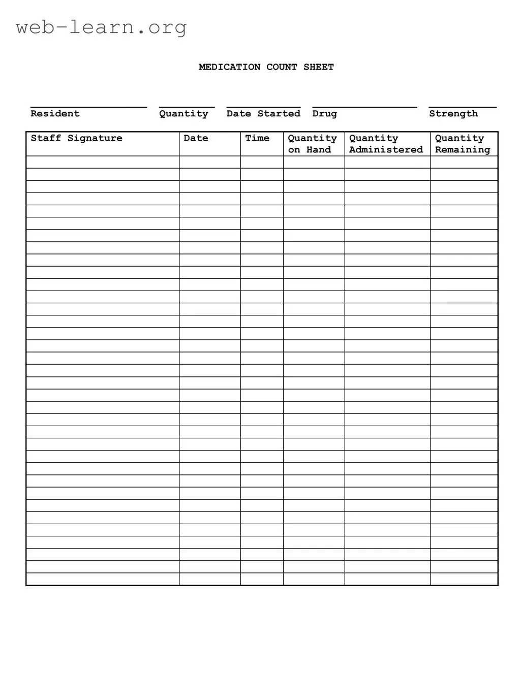 Blank Medication Count Sheet Form