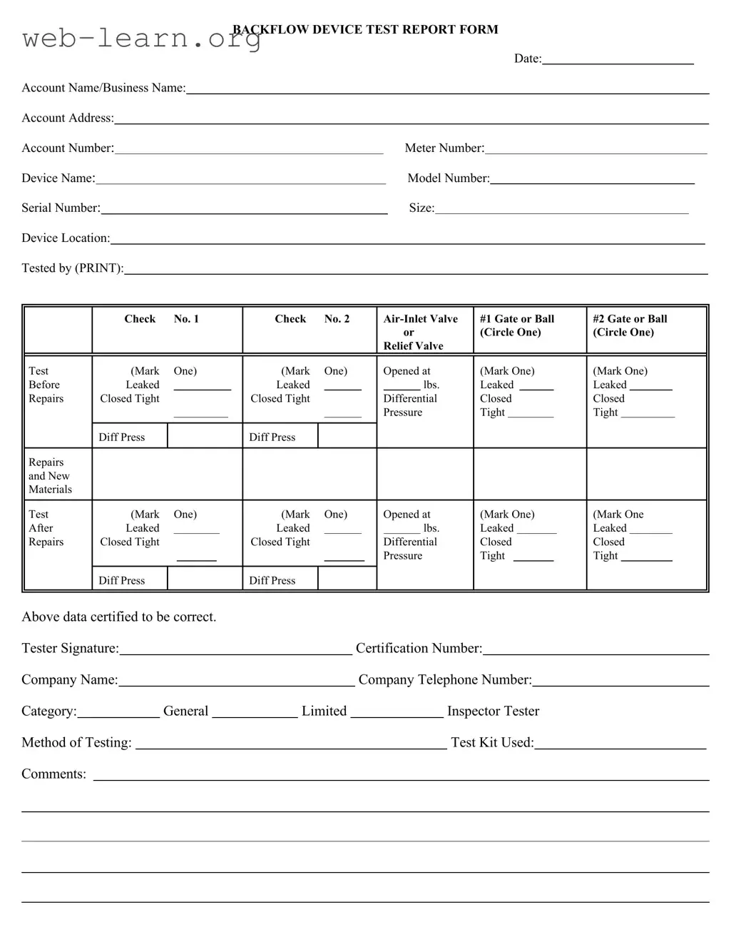 Blank Backflow Test Report Form