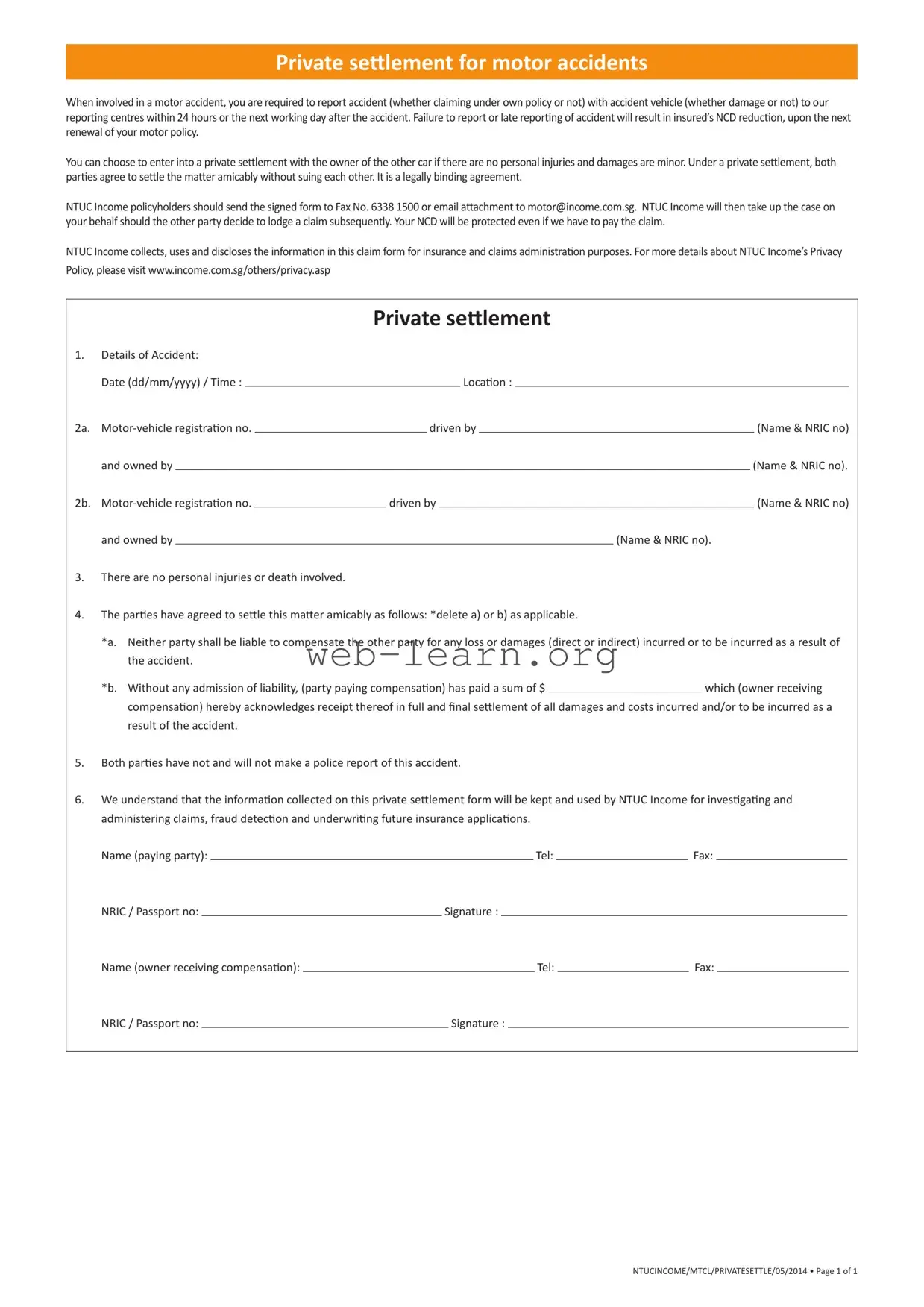Blank Settlement Motor Accident Form