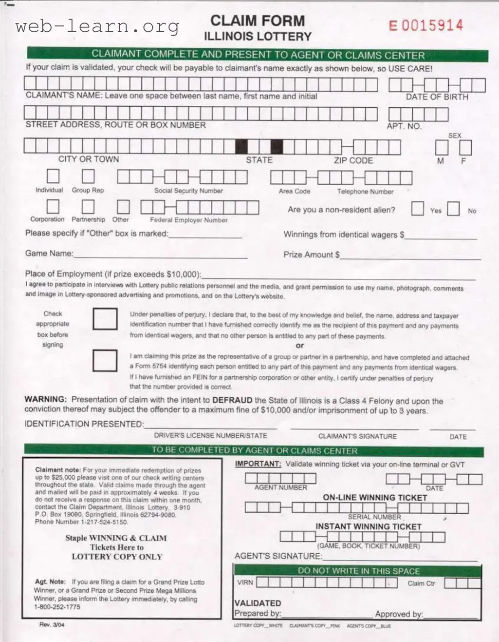 Blank Illinois Lottery Claim Form