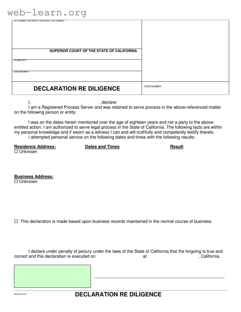 Blank California Diligence Form