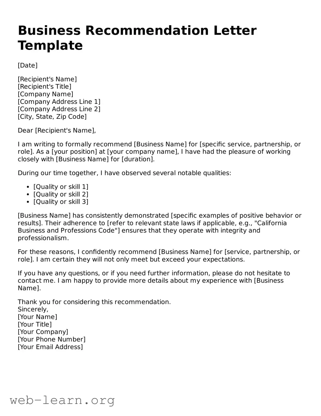 Attorney-Approved Business Recommendation Letter Template