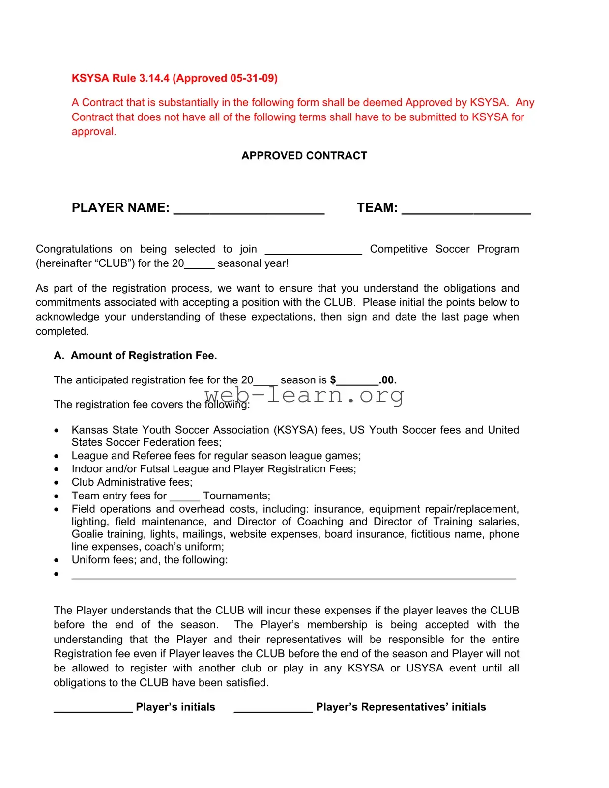 Blank Soccer Player Contract Form