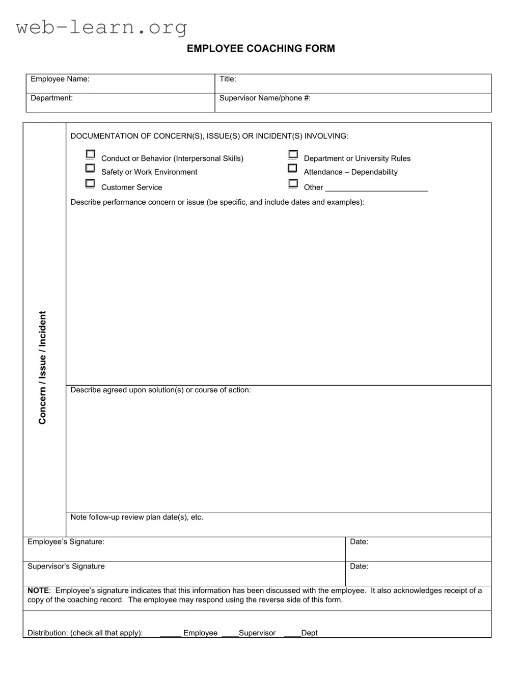 Blank Employee Coaching Form