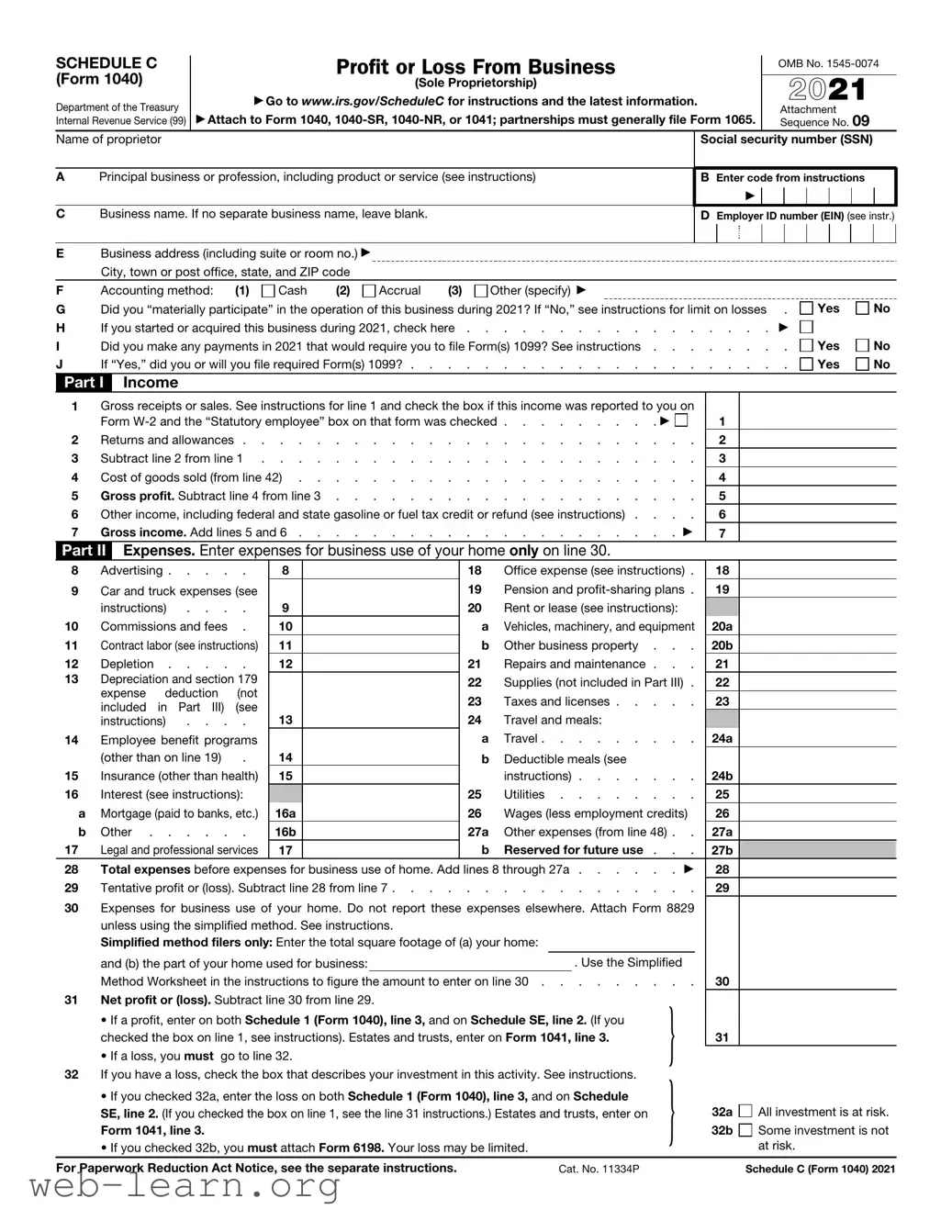 Blank IRS Schedule C 1040 Form