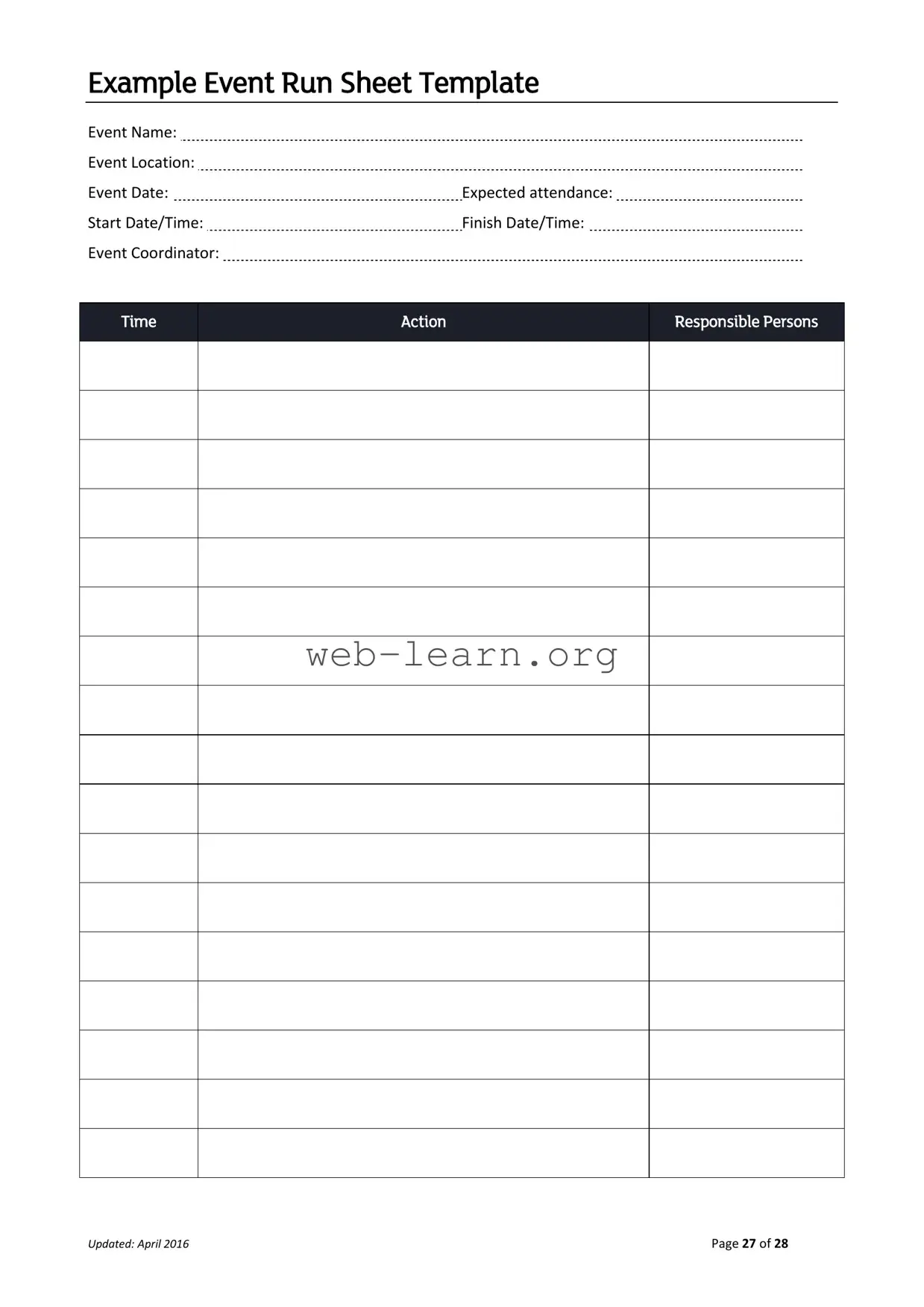 Blank Running Sheet Form