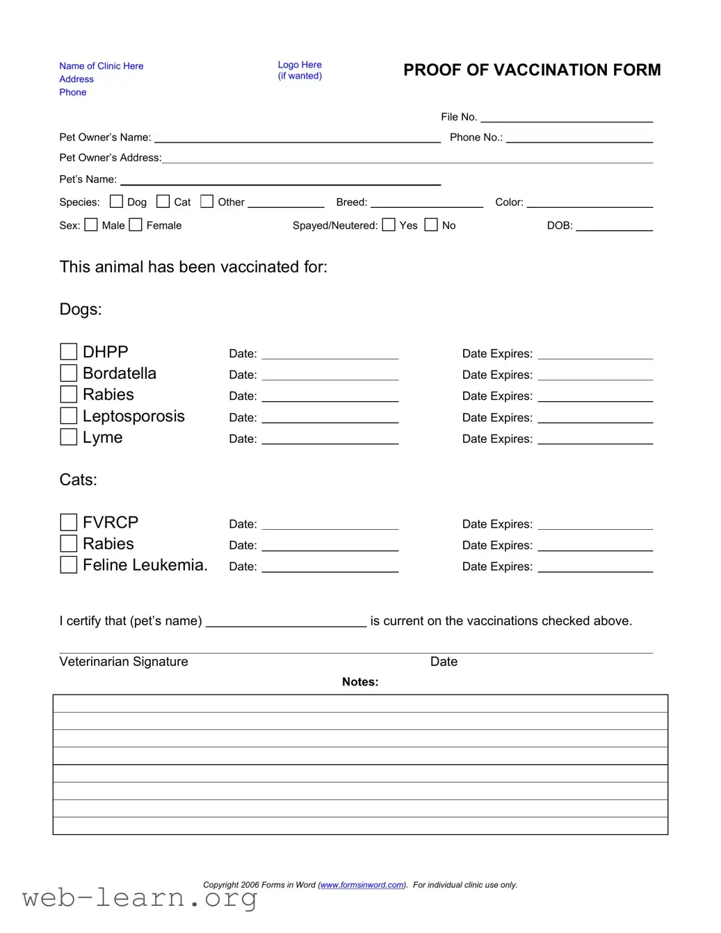 Blank Proof Of Vaccination Dog Form
