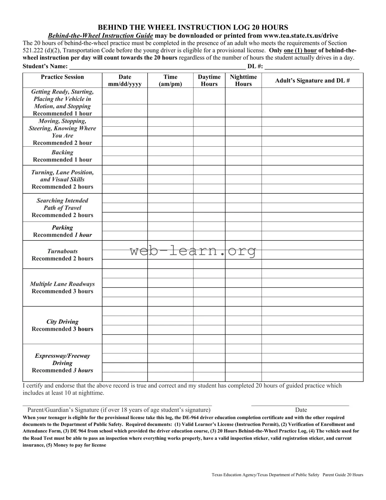 Blank Texas Dps Driving Log Form