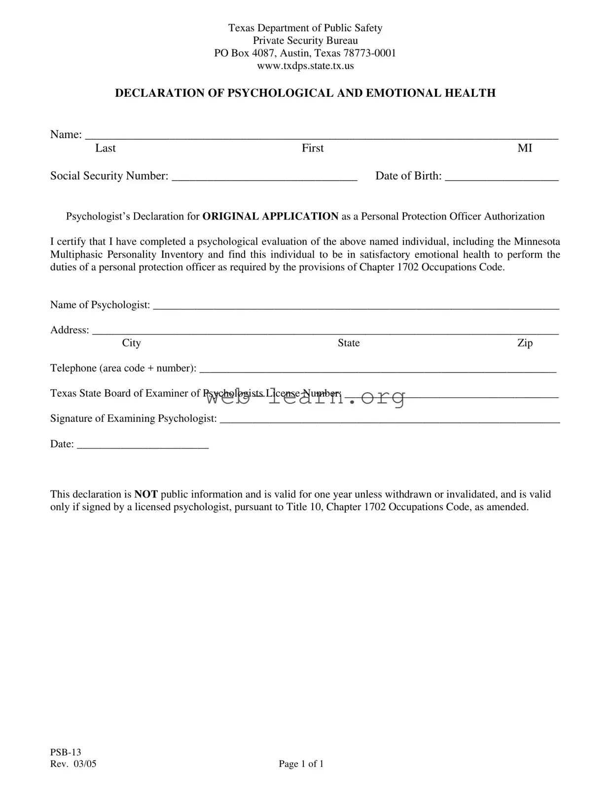 Blank Texas Psb 13 Form