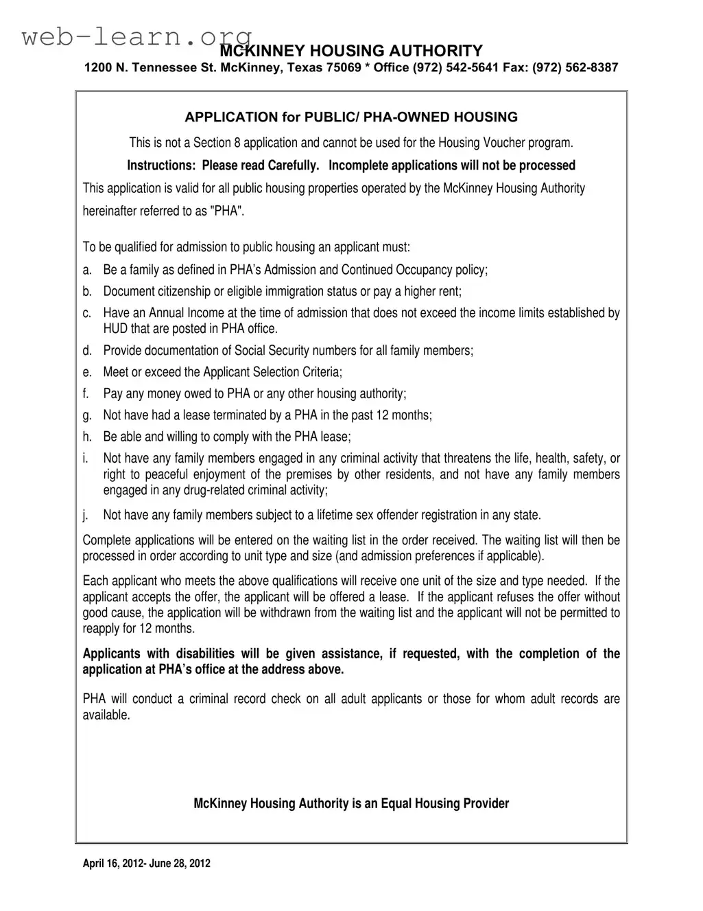 Blank Housing Authority Of Mckinney Texas Form