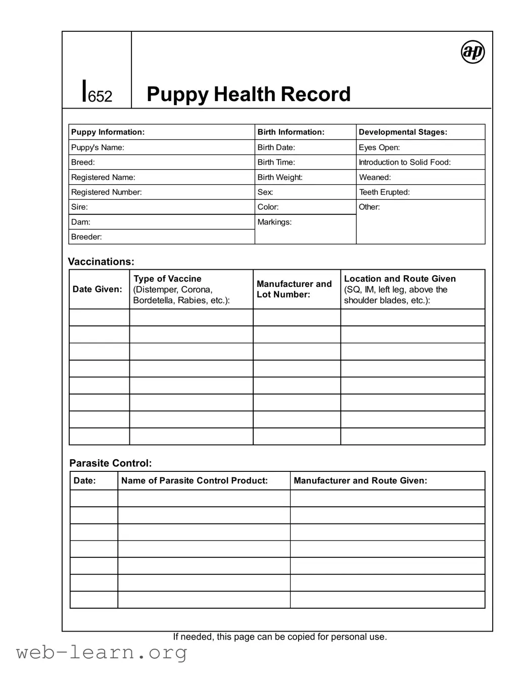 Blank Puppy Health Record Form