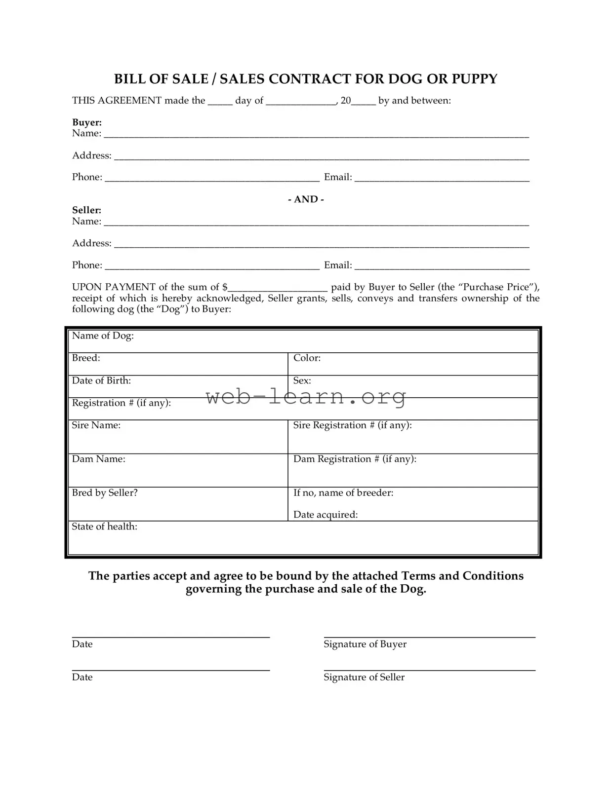 Blank Puppy Contract Form