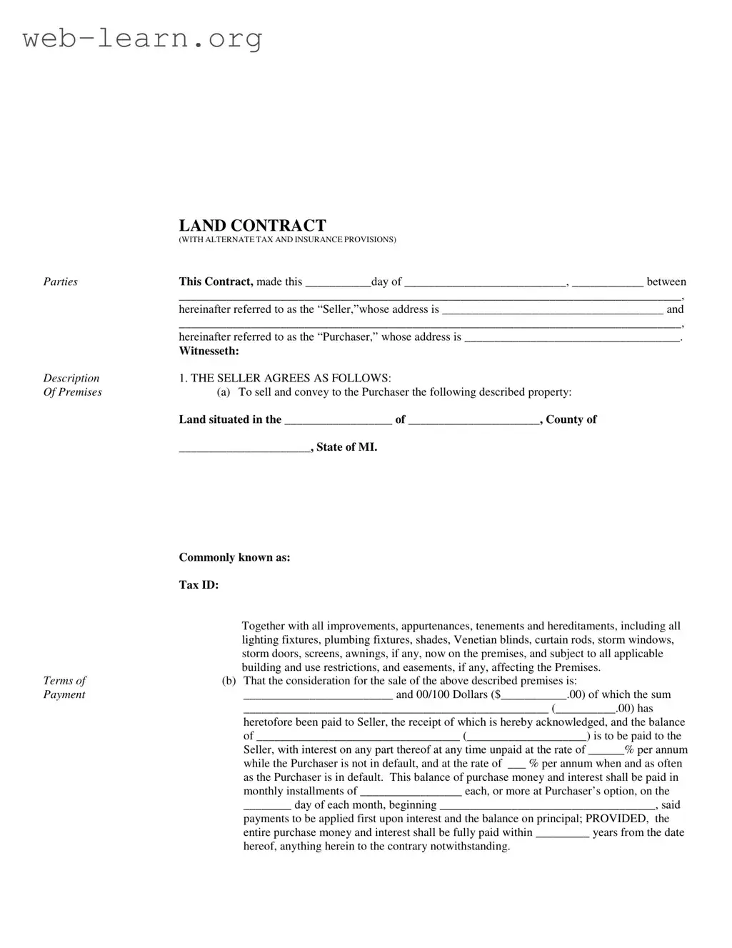Blank Indiana Land Contract Example Form