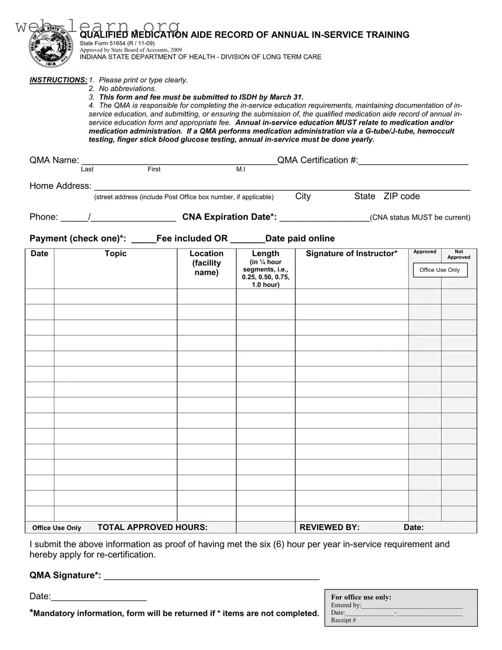 Blank Indiana Department Annual Inservice Form