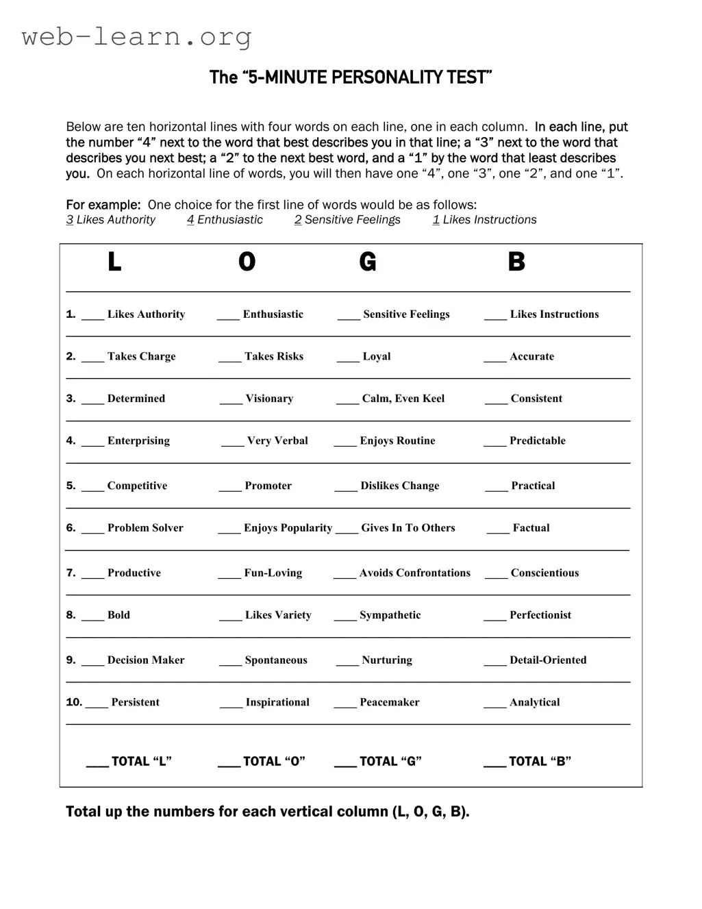 Blank 5 Minute Personality Test Form