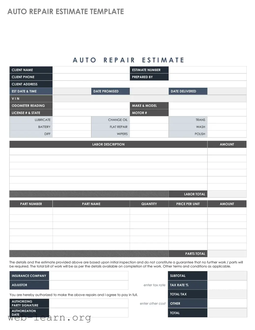 Blank Auto Repair Estimate Form