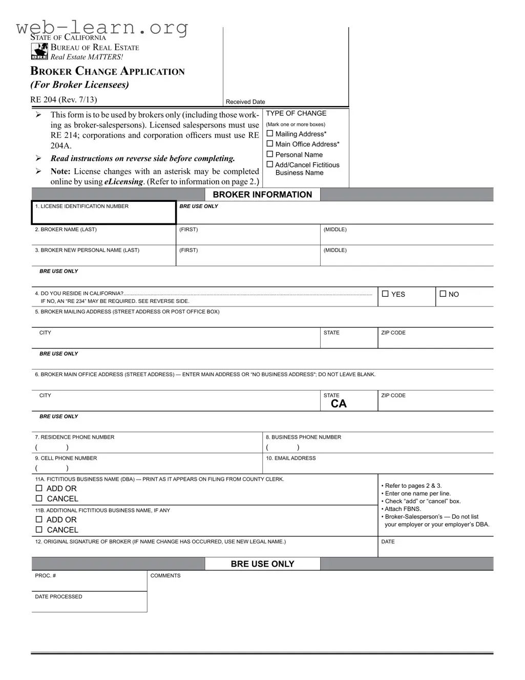 Blank California Re 204 Form