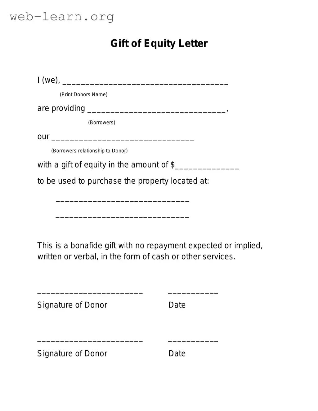 Blank Gift Of Equity Letter Form