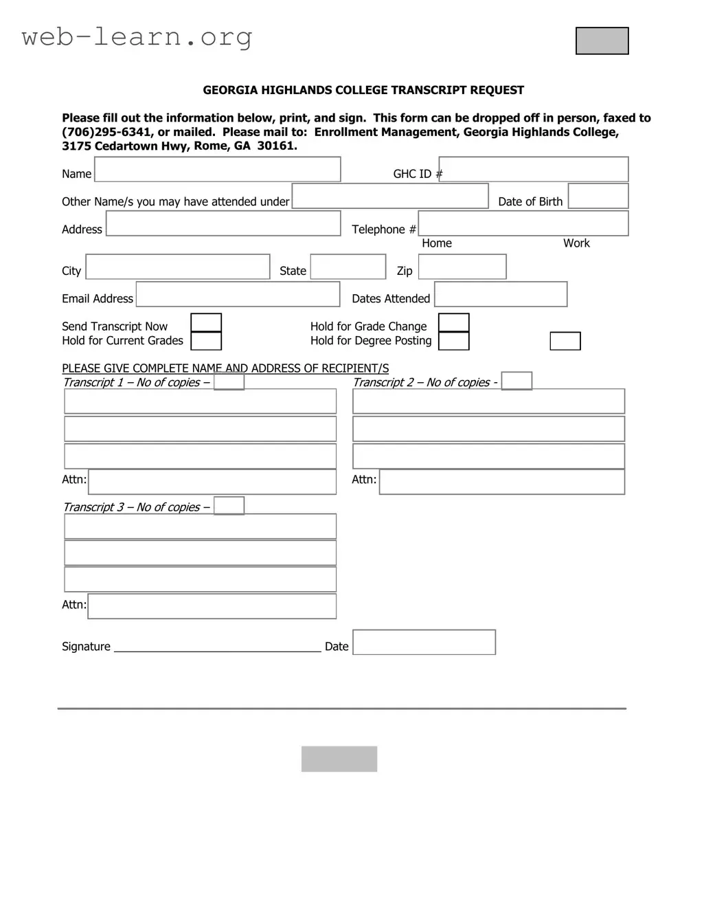 Blank Georgia College Transcript Request Form