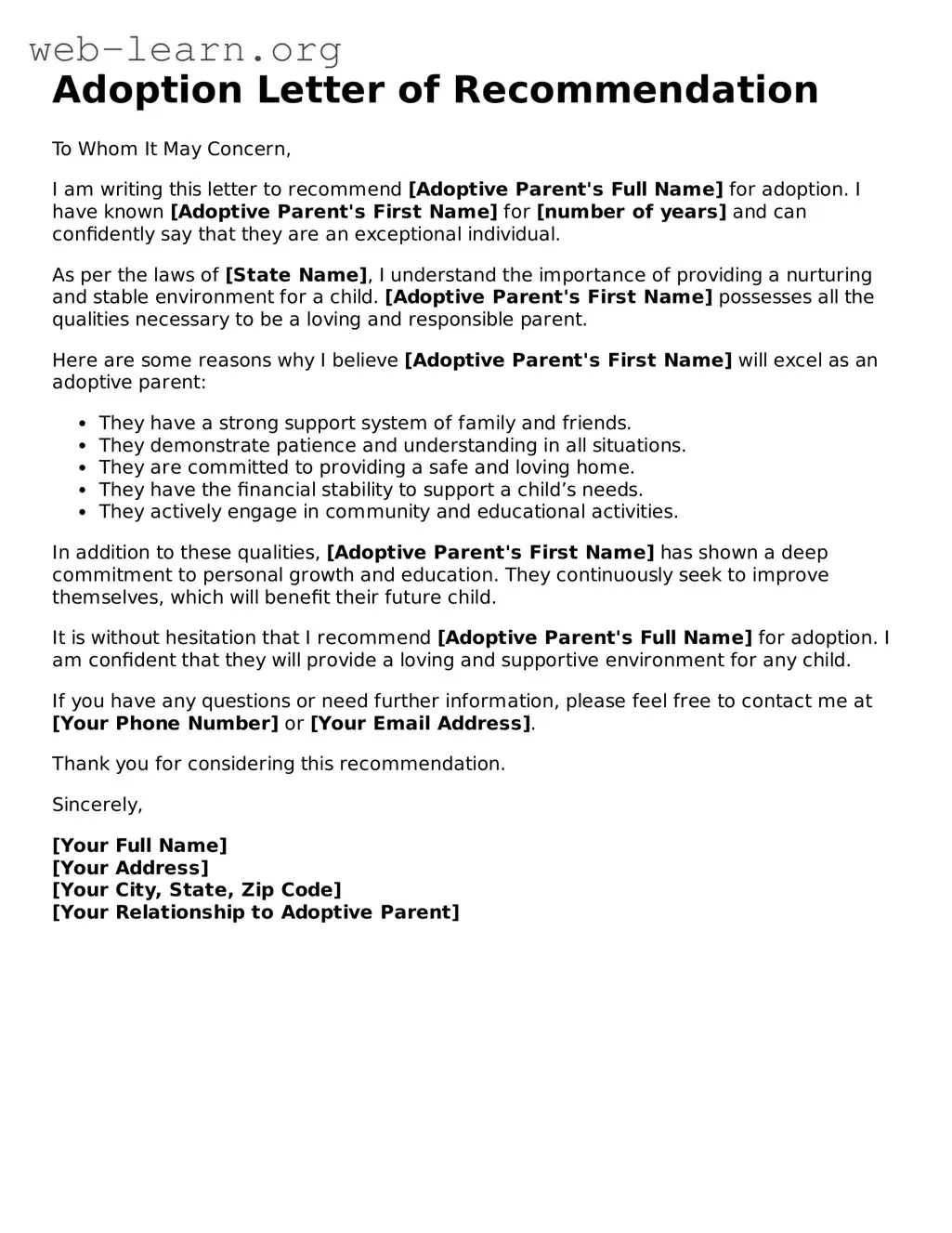 Attorney-Approved Adoption Letter of Recommendation Template