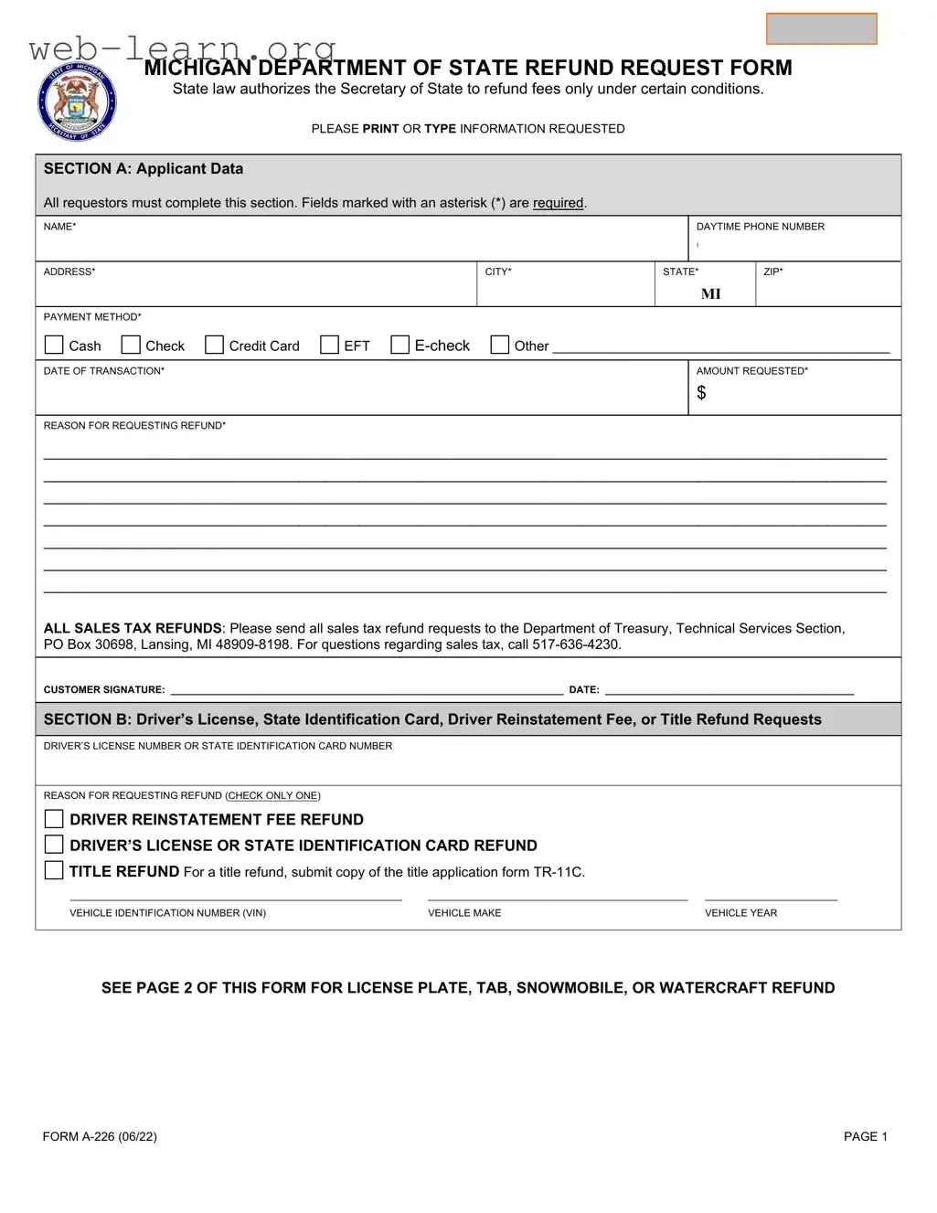 Blank Michigan A 226 Form