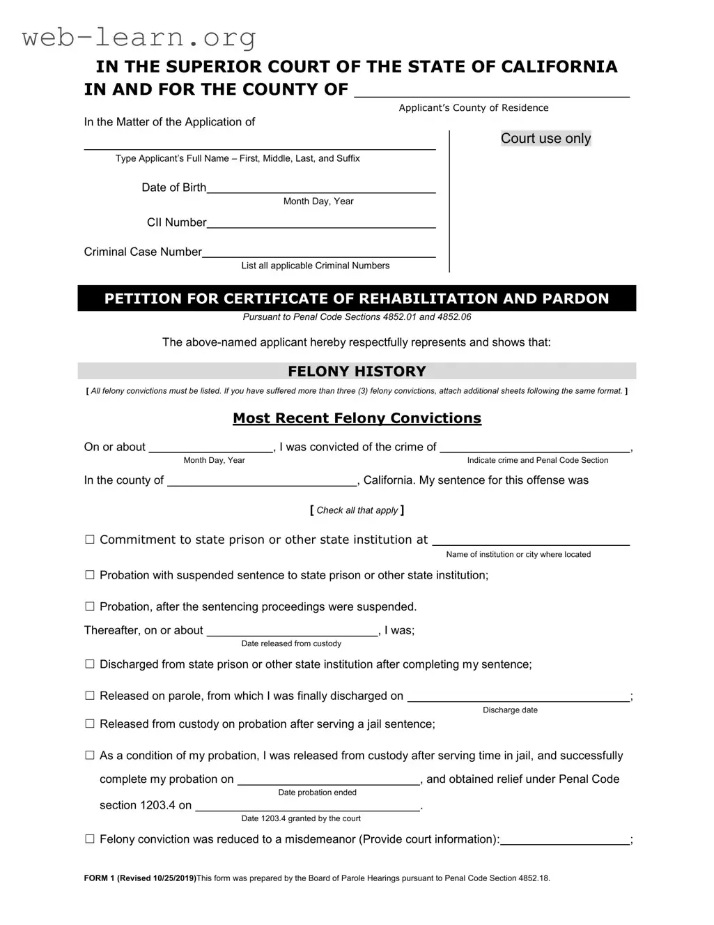 Blank California Certificate Rehabilitation Form