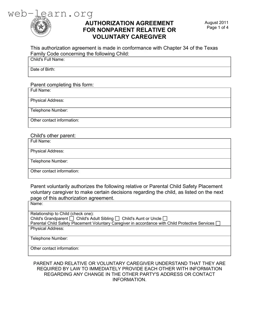 Blank Agreement Nonparent Relative Caregiver Form