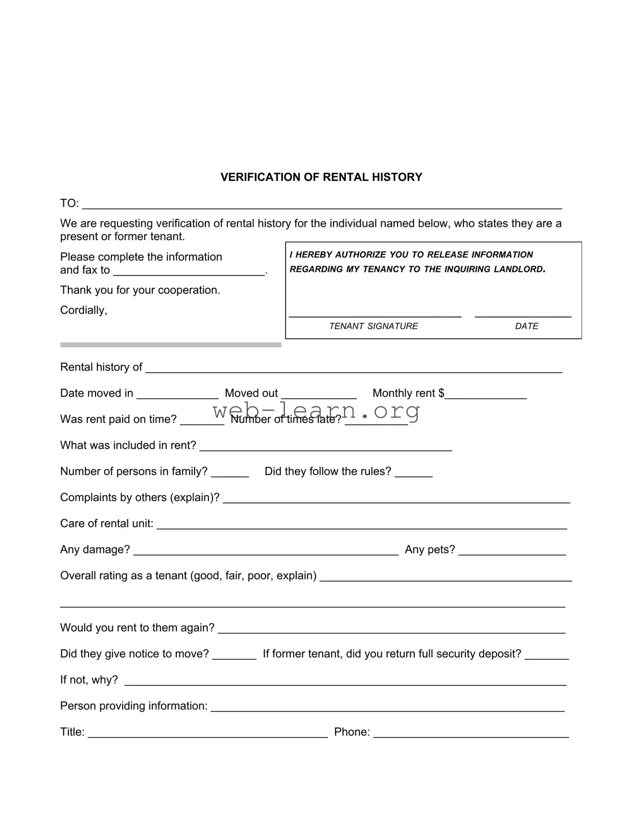 Blank Verification Rental Form