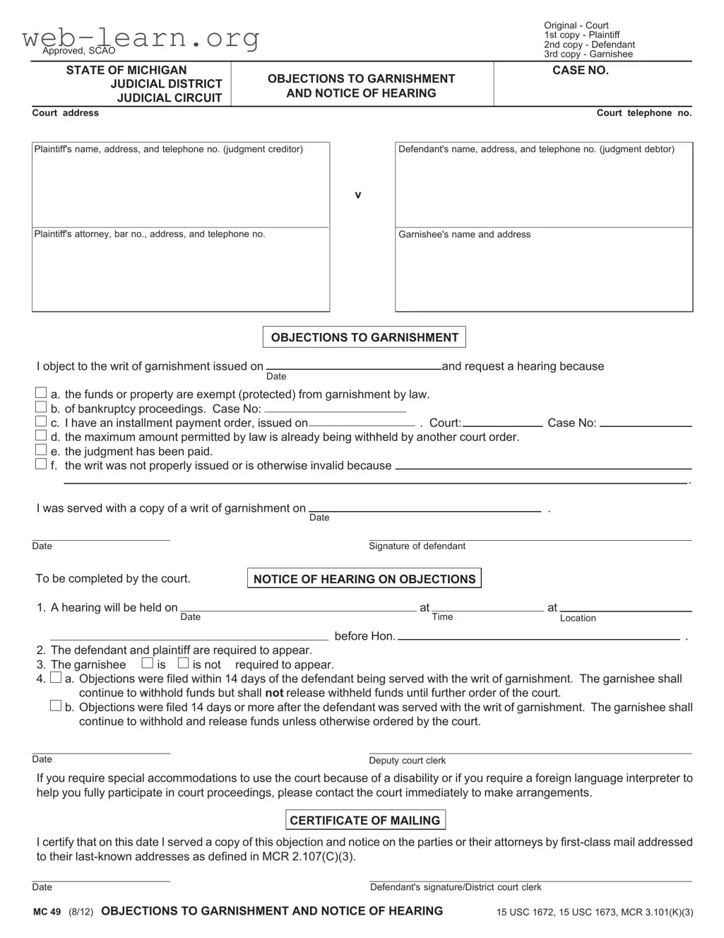 Blank Michigan Mc 49 Form