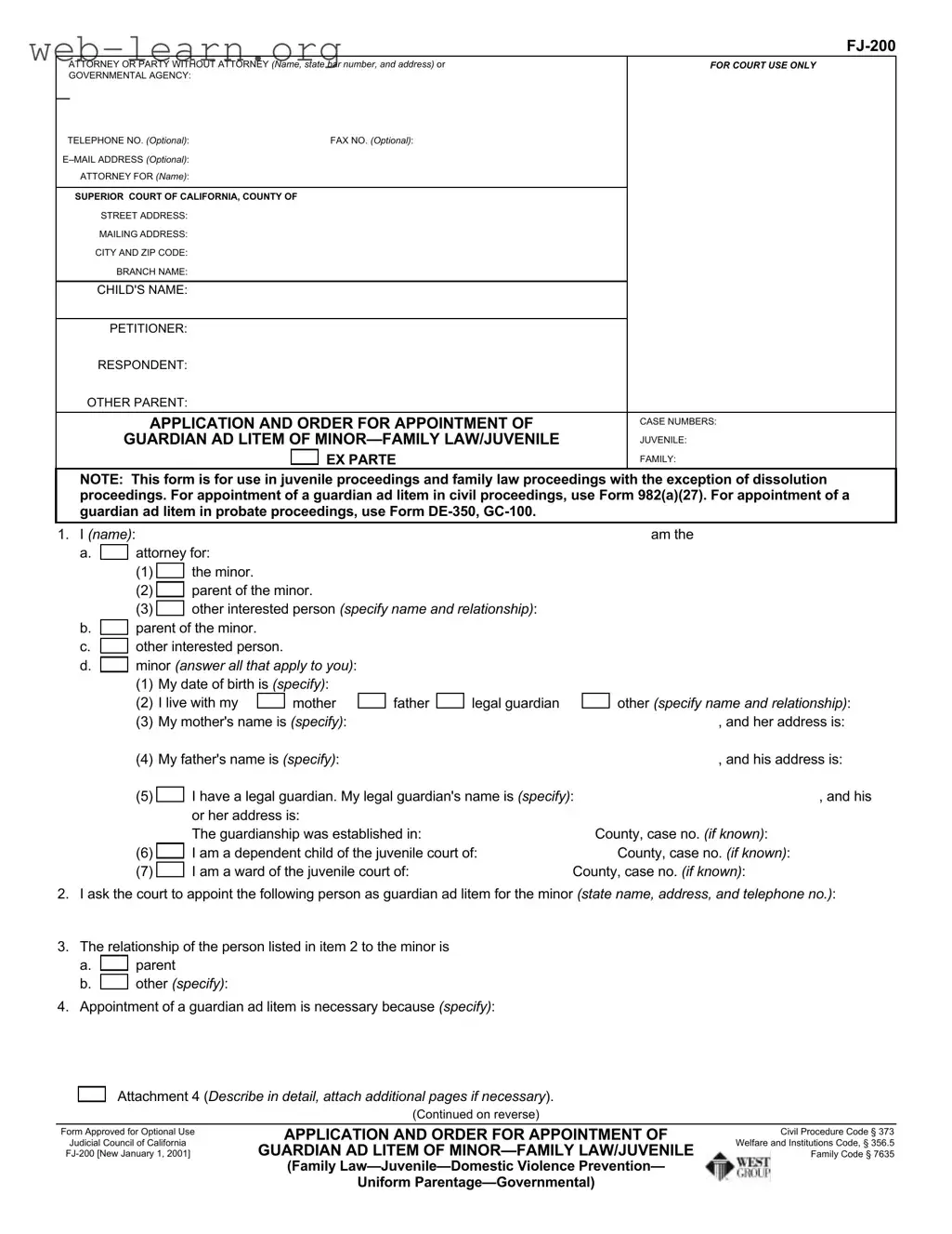 Blank California Fj 200 Form