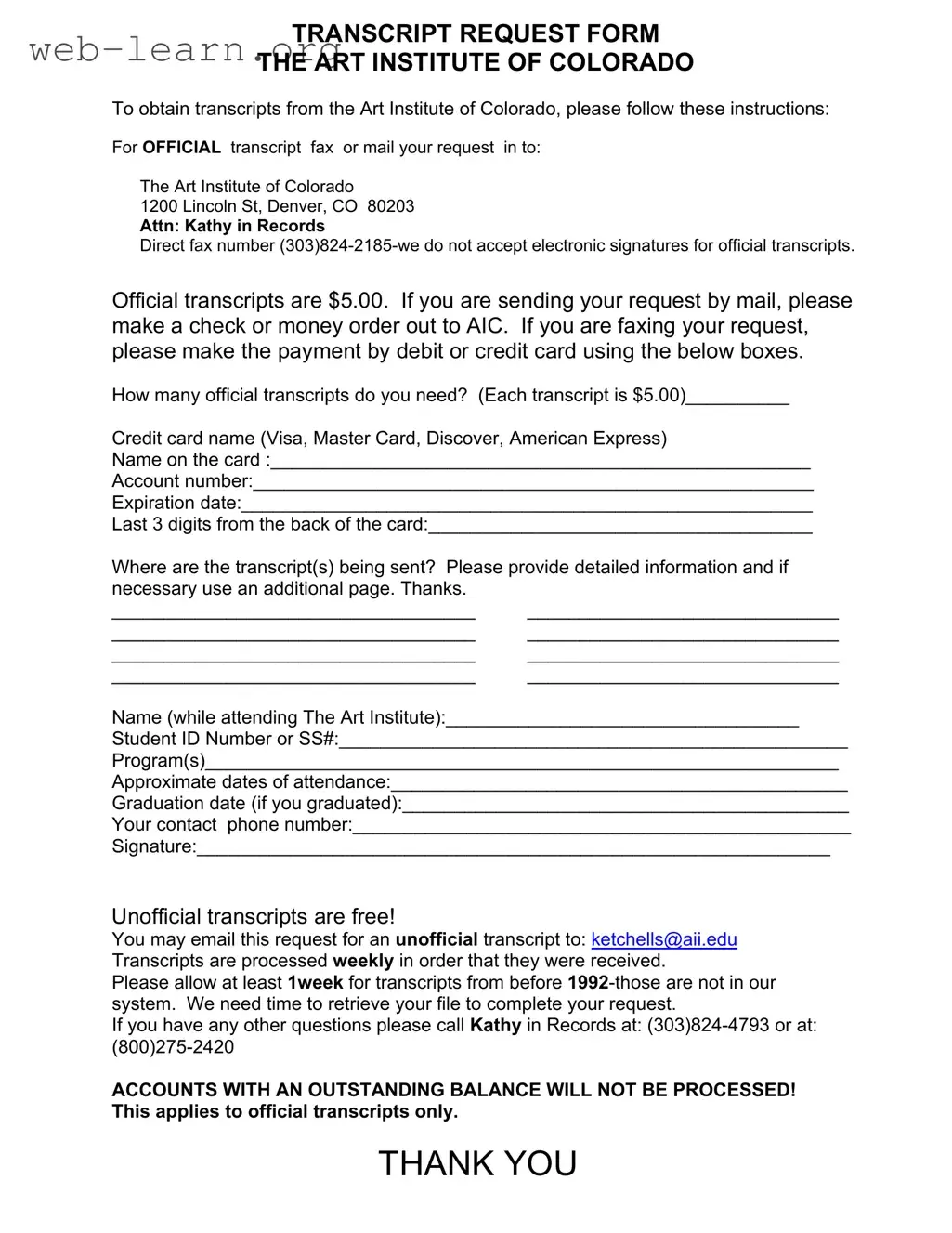 Blank Art Institute Colorado Transcript Request Form