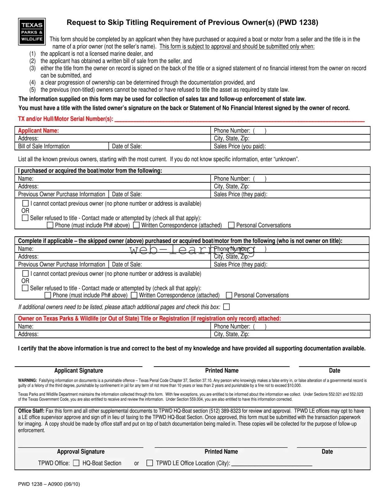 Blank Texas Pwd 1238 Form