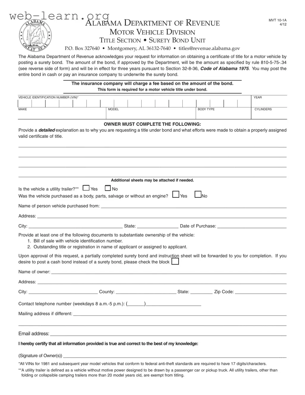 Blank Alabama Mvt 10 1A Form