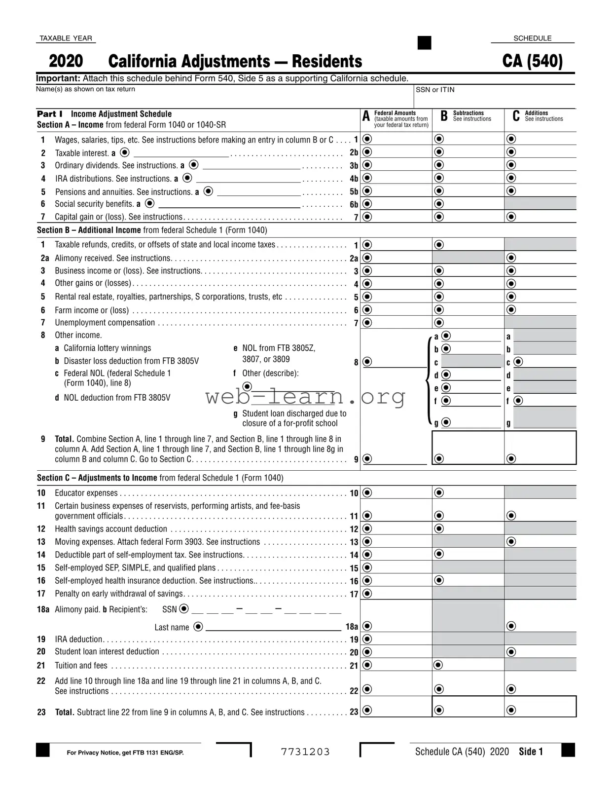 Blank Schedule California 540 Form