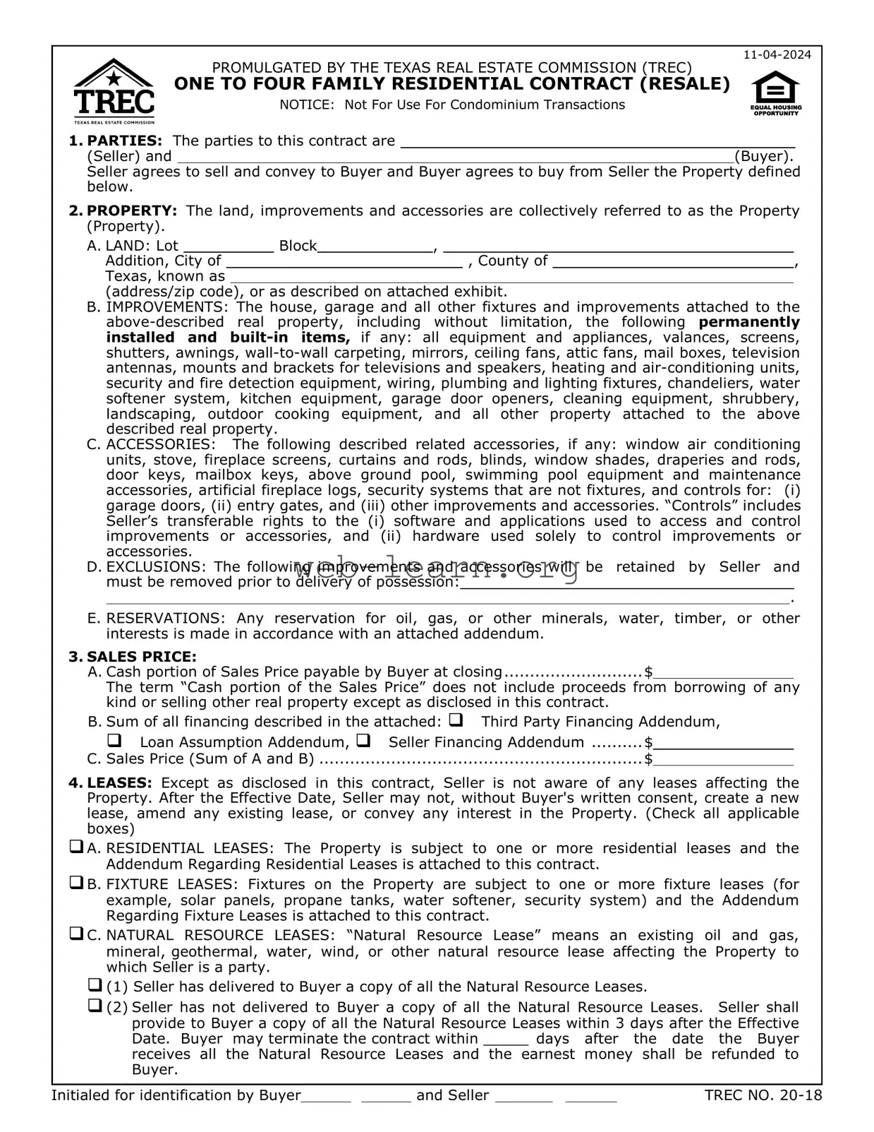 Blank TREC One to four family residential contract Form