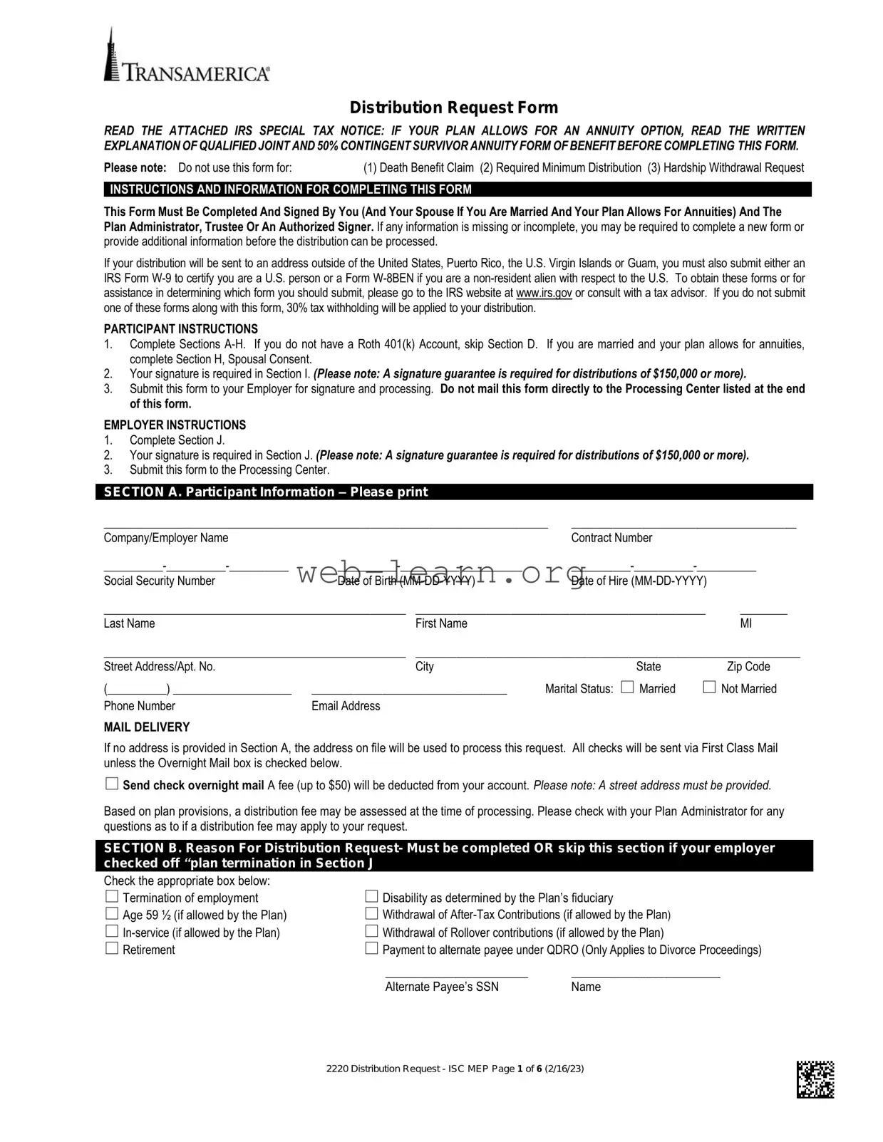 Blank Transamerica 401K Withdrawal Form