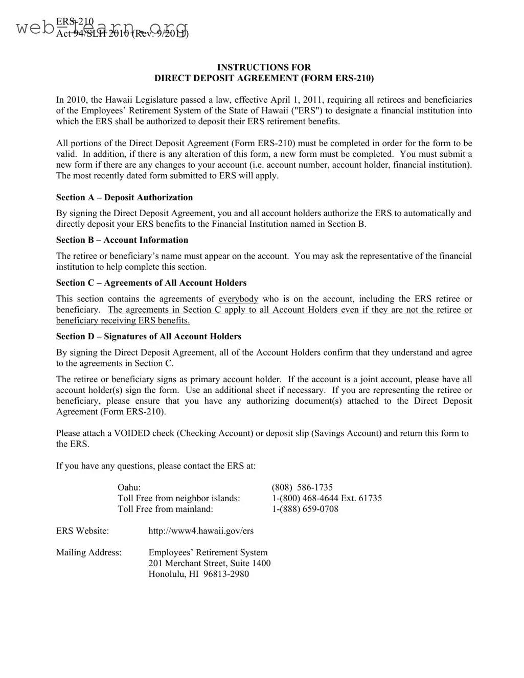 Blank Hawaii Direct Deposit Form