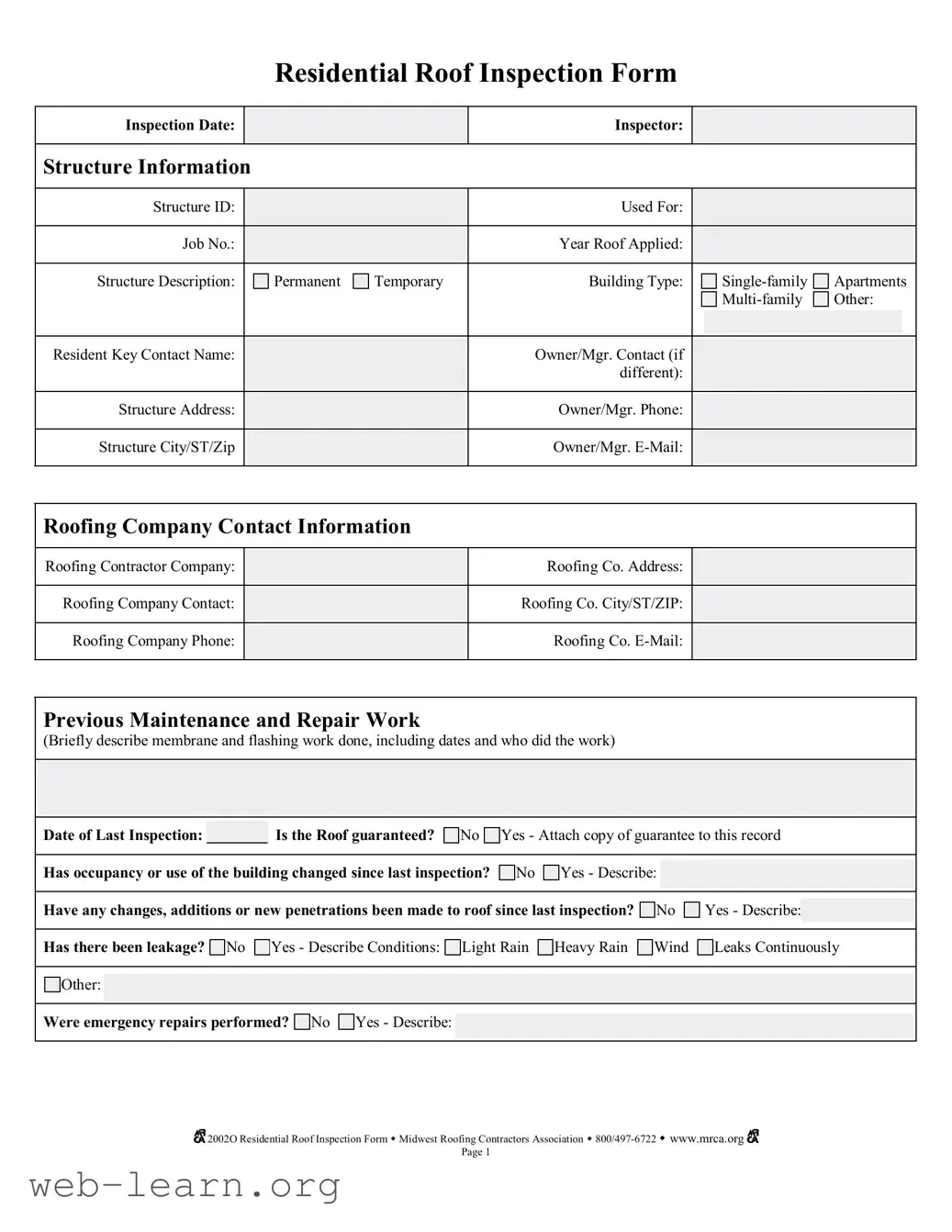 Blank Roof Inspection Form