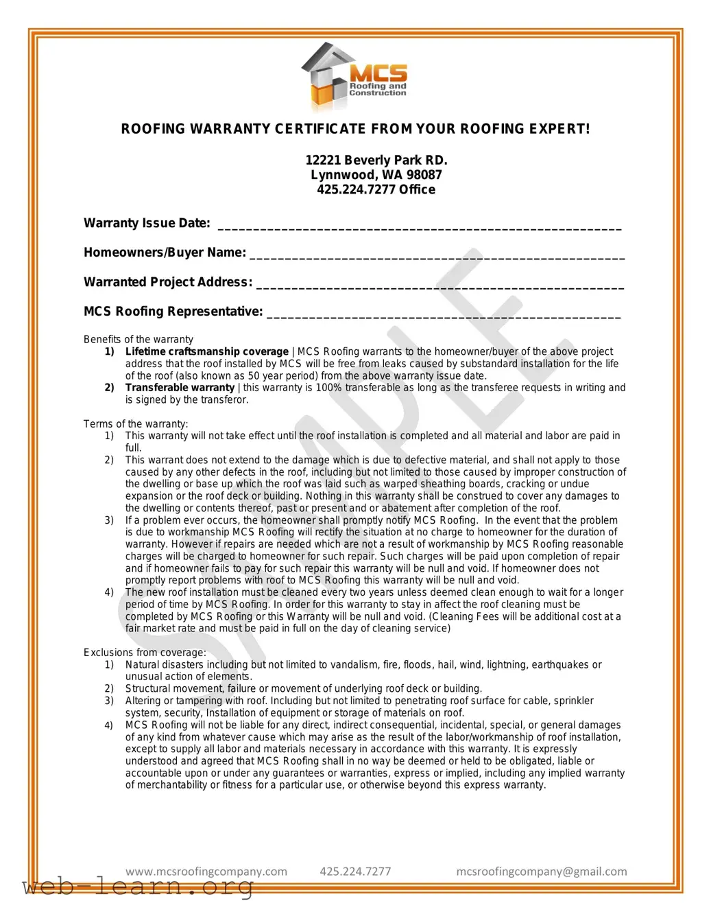 Blank Roofing Warranty Certificate Form