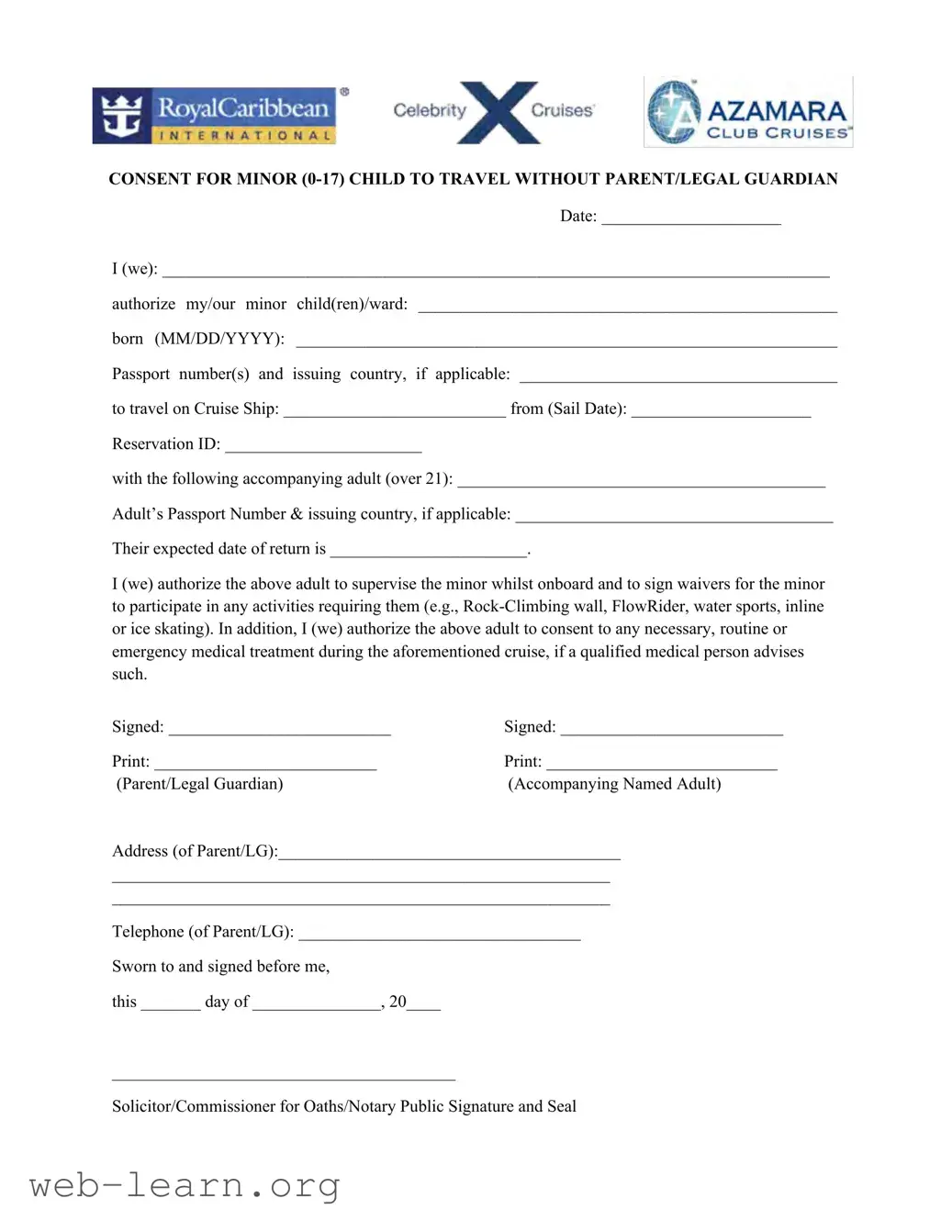 Blank Royal Caribbean Parental Consent Form