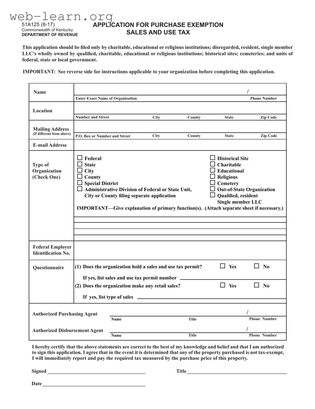 Blank 51A125 Kentucky Form