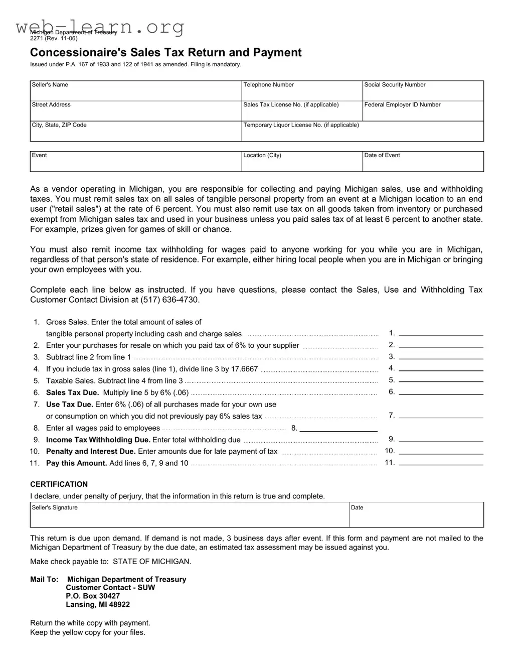 Blank Michigan 2271 Form