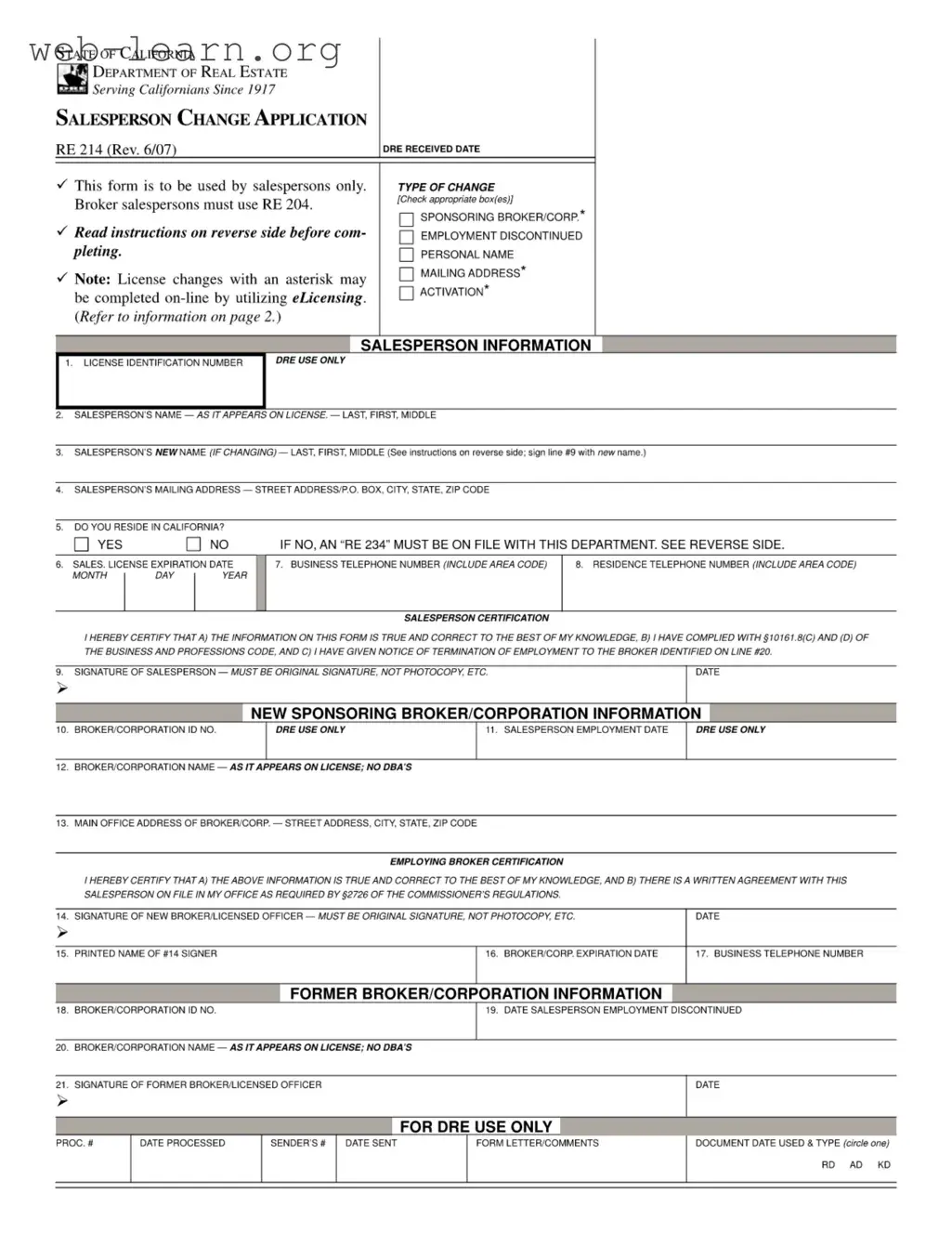 Blank California Re 214 Form